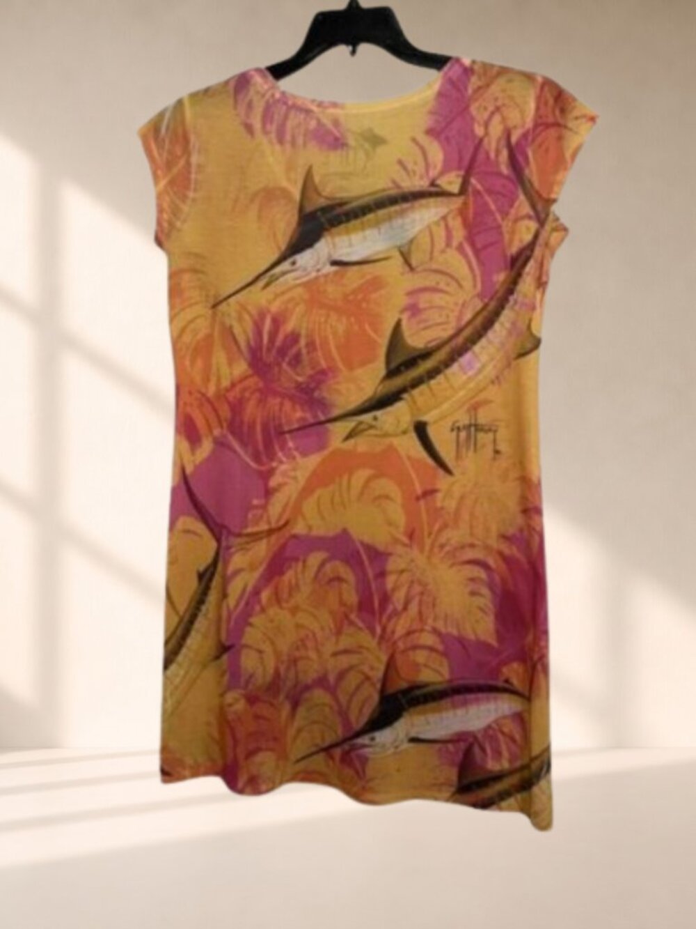 Guy Harvey Orange Tropical Marlin Tee Dress Coastal Resort Wear Size Small - Picture 3 of 10